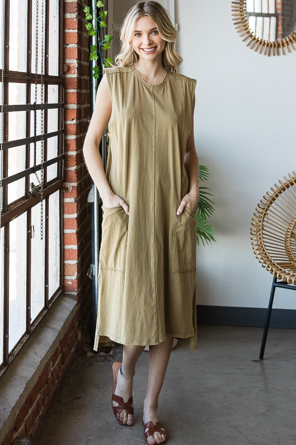 WASHED SLEEVELESS SIDE POCKETS COTTON TUNIC DRESS