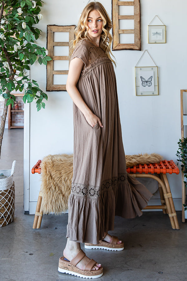 CROCHET YOKE RUFFLE FLARE HEM GAUZE MAXI DRESS