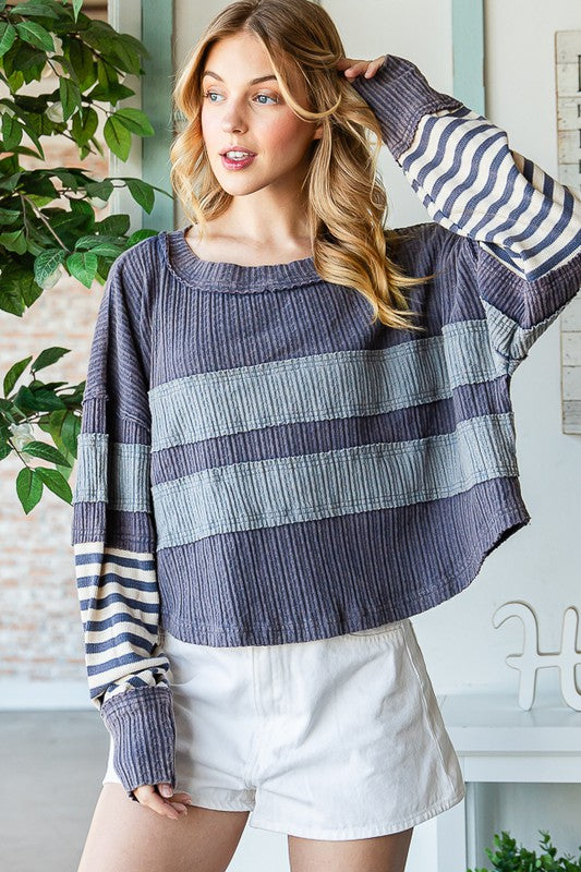 MIX MEDIA STRIPED DETAIL LONG SLEEVE PULLOVER