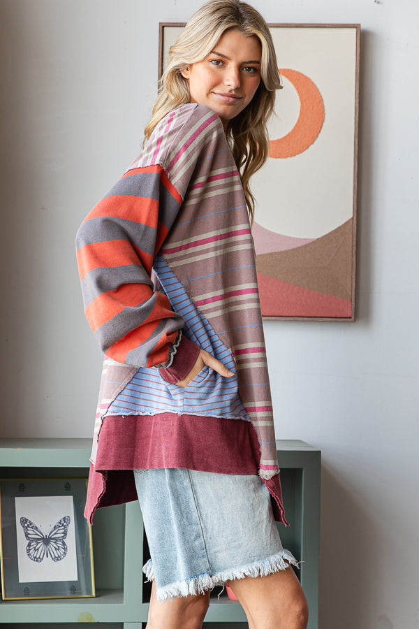 MULTICOLOR STRIPED LONG SLEEVE OVERSIZED TOP