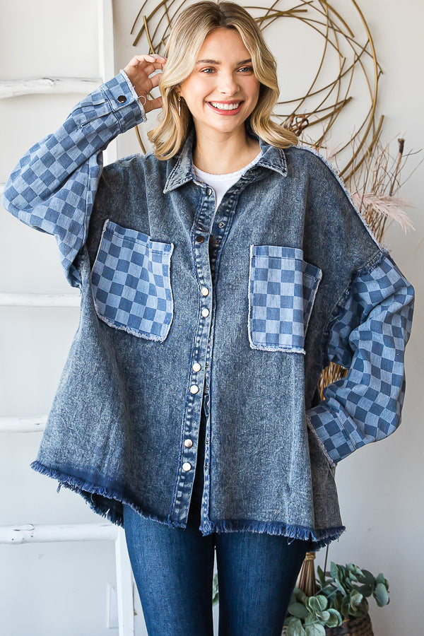 MINERAL WASHED CHECKERED SLEEVE DENIM SHACKET