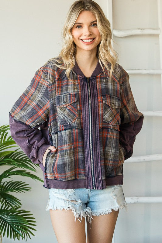 WASHED MIXED MEDIA PLAID ZIP FRONT JACKET