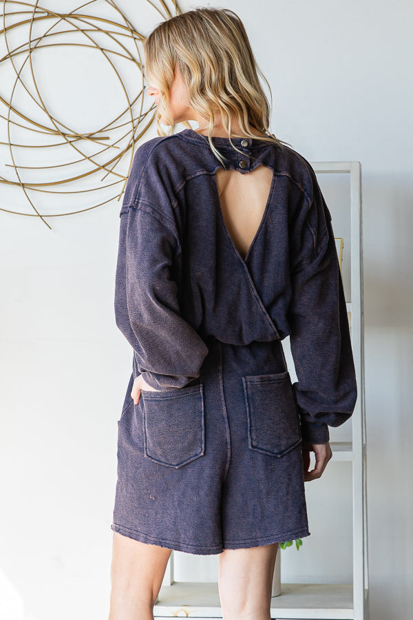 WASHED SCOOP BACK LONG SLEEVE ROMPER