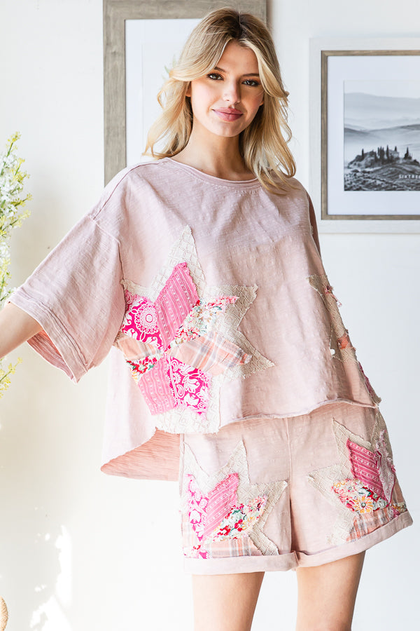 MULTI PRINT STAR PATCHWORK TOP SHORT TWO PIECE SET