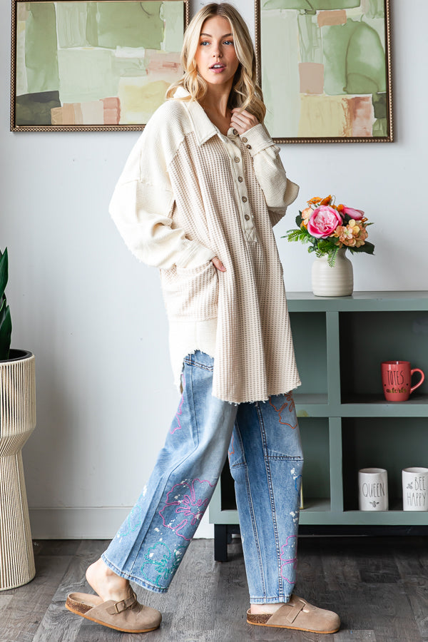 WASHED COLLARED NECK LONG SLEEVE WAFFLE TOP