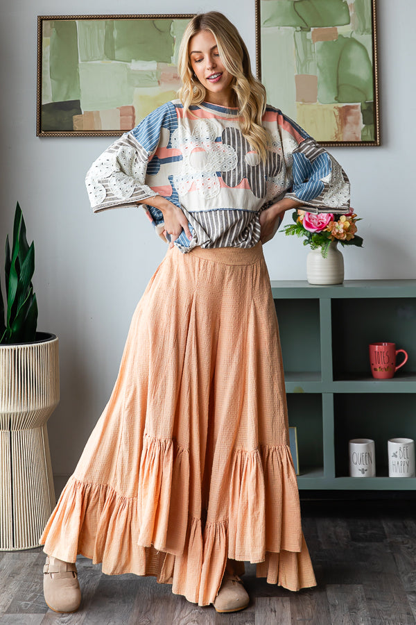 WASHED WIDE LEG RUFFLED HEM PANTS