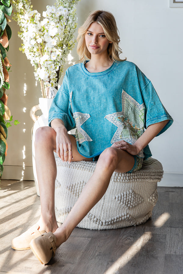 MULTI PRINT STAR PATCHWORK TOP SHORT TWO PIECE SET