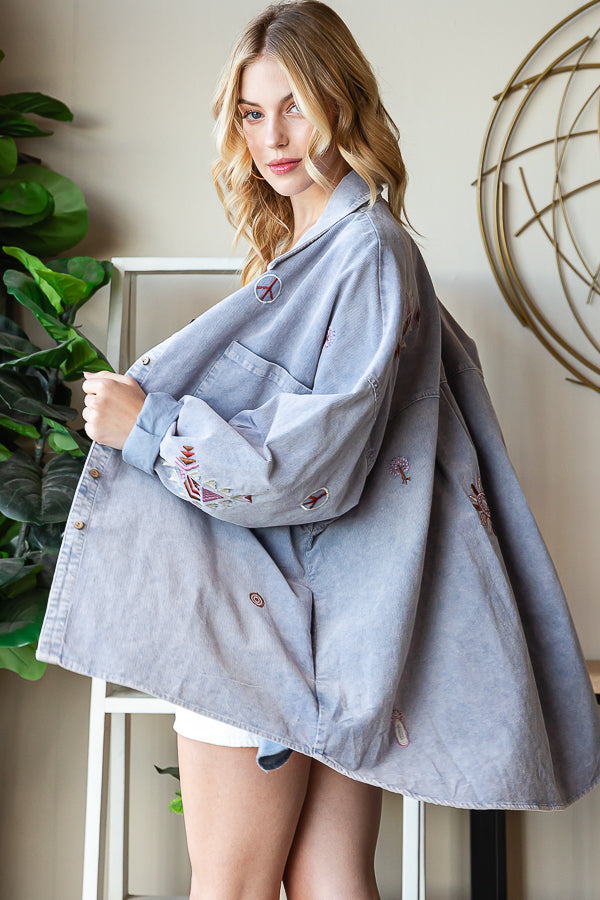 WASHED EMBROIDERED BUTTON DOWN CORDUROY SHIRT