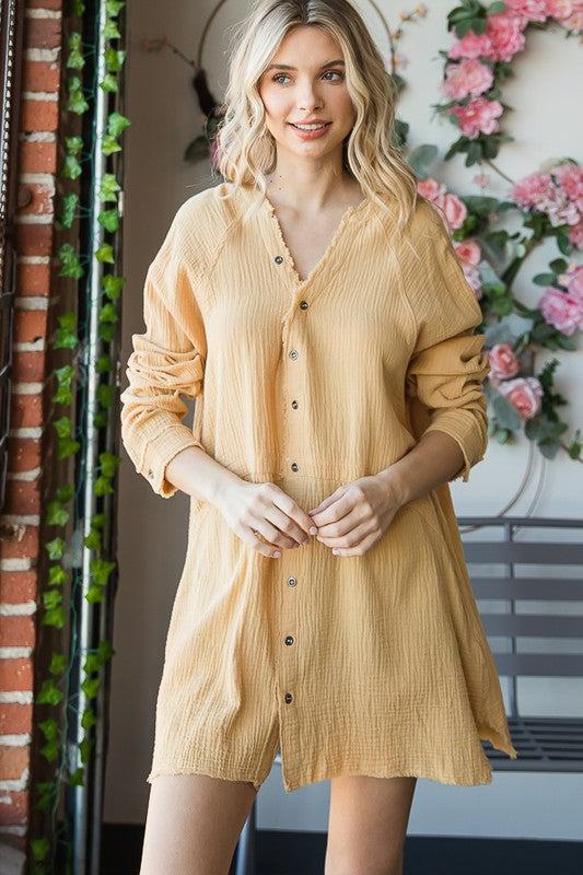 WASHED V NECK BUTTON DOWN FRONT GAUZE SHIRT