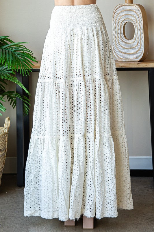 MINERAL WASHED EYELET TIERED MAXI SKIRT