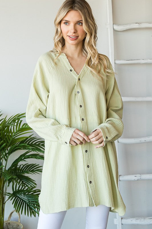 WASHED V NECK BUTTON DOWN FRONT GAUZE SHIRT