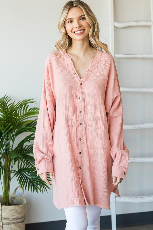 WASHED V NECK BUTTON DOWN FRONT GAUZE SHIRT