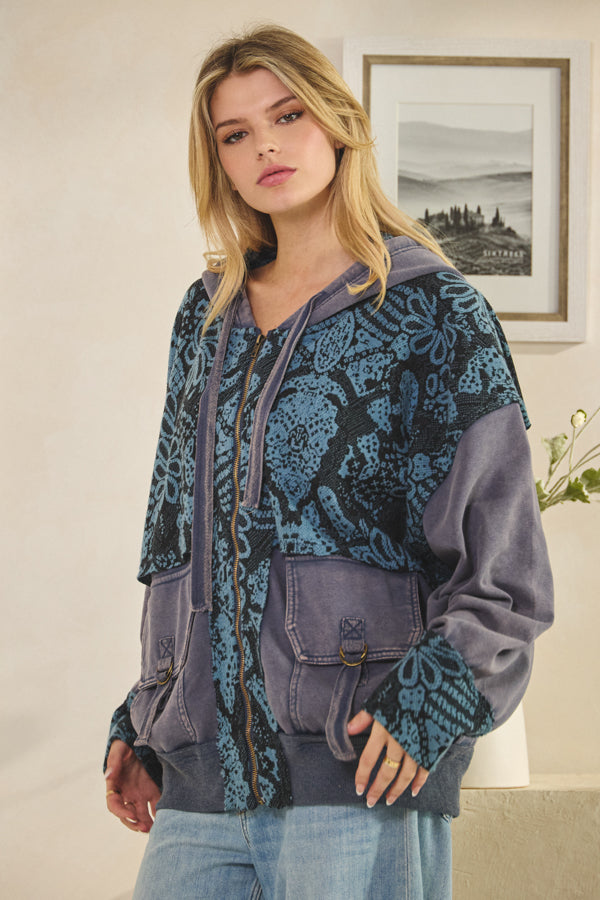 WASHED PRINTED PATTERN CONTRAST HOODED JACKET