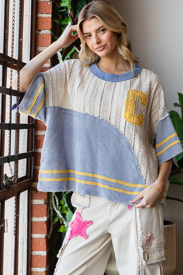 WASHED COLORBLOCK SWEATER KNIT DROP SHOULDER TOP