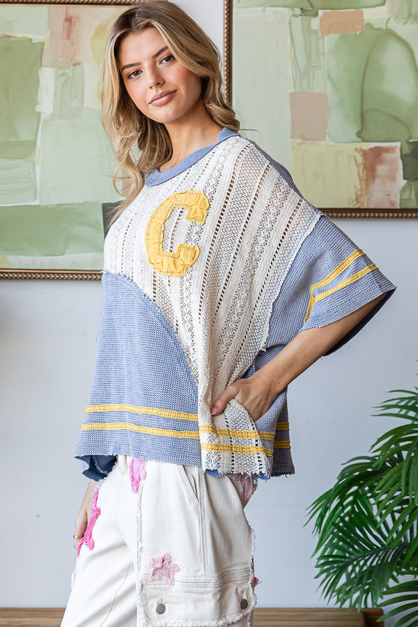 WASHED COLORBLOCK SWEATER KNIT DROP SHOULDER TOP