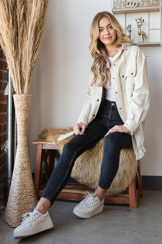 WASHED BUTTON DOWN HOODED CORDUROY JACKET