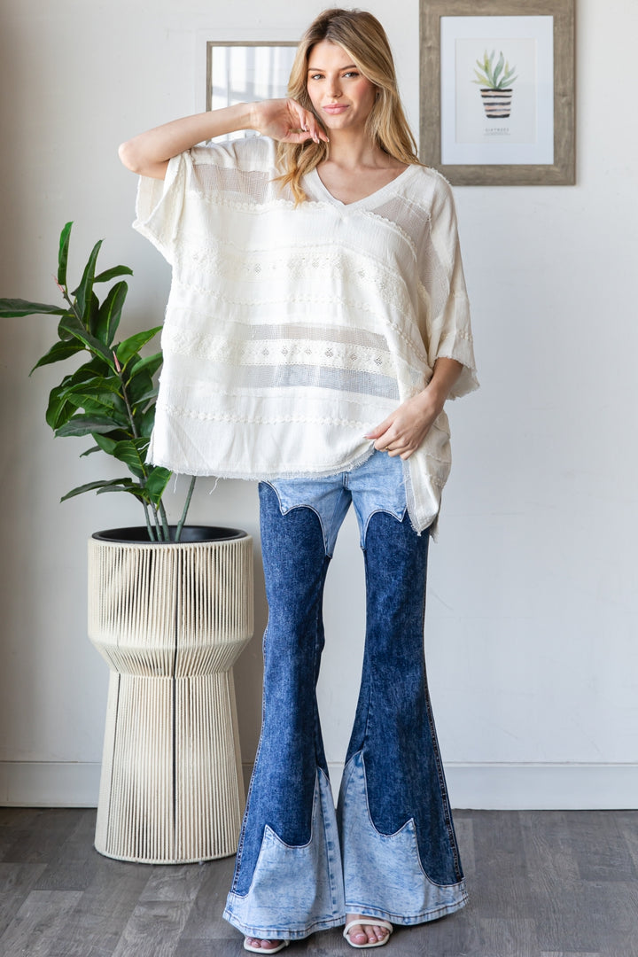 WASHED MIX MEDIA V NECK CASUAL TOP