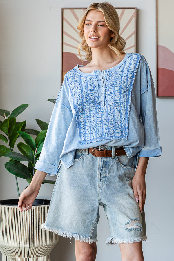 SMOCKED FRONT HENLEY NECK OVERSIZED TOP