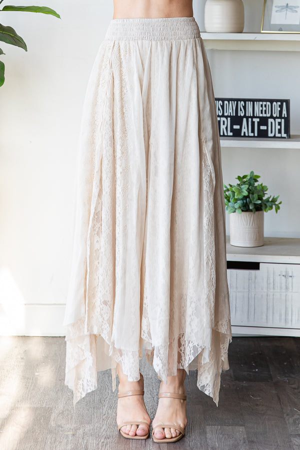 CHIFFON LACE MIXED OVERLAY A-LINE MIDI SKIRT