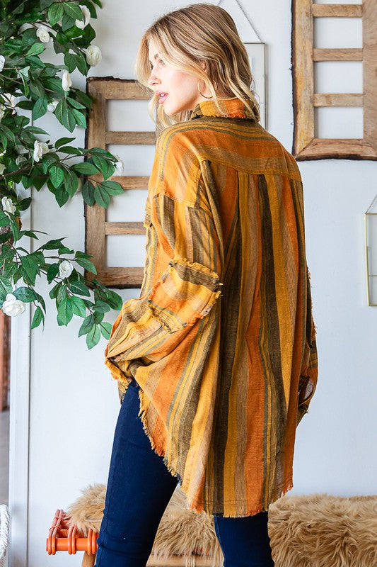 WASHED MIXED STRIPE FRAYED DETAIL SHIRT