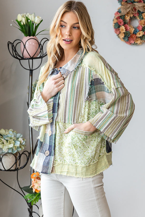 WASHED MIX MEDIA BUTTON DOWN LONG SLEEVE SHIRT