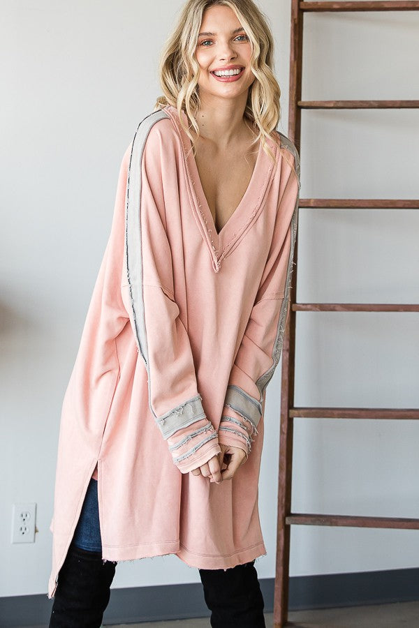 WASHED WIDE V NECK CONTRAST DETAIL TUNIC TOP