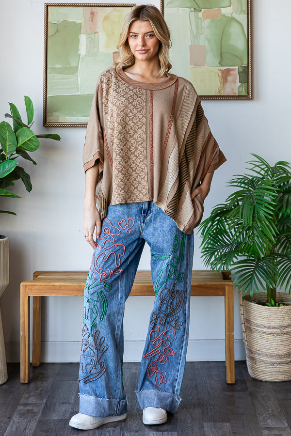 WASHED PRINTED DETAILED VERTICAL PRINTED KNIT TOP