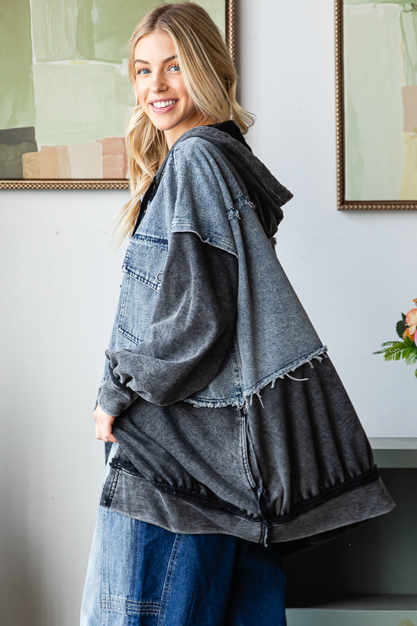 WASHED COLORBLOCK HOODED BUTTON DOWN JACKET