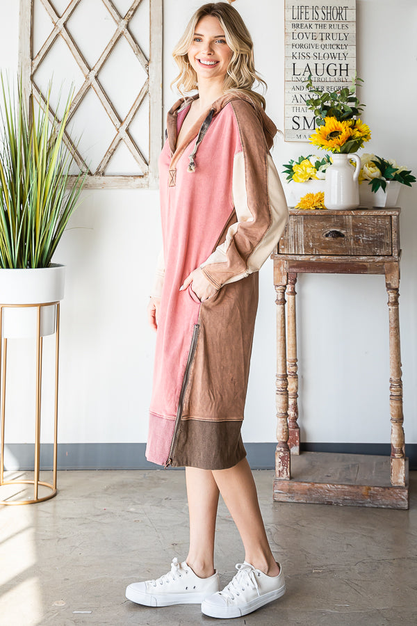 WASHED DRAWSTRING HOODED CONTRAST TUNIC DRESS
