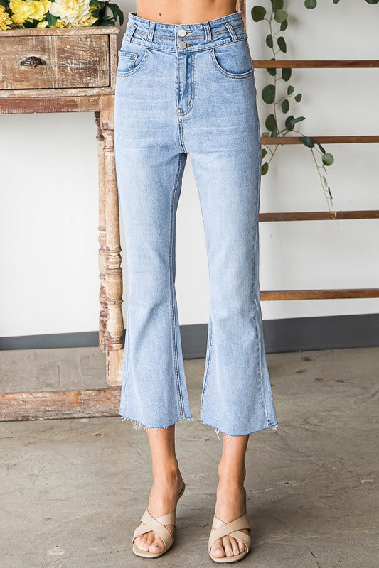 MINERAL WASHED DOUBLE WASIT BAND CROPPED JEANS