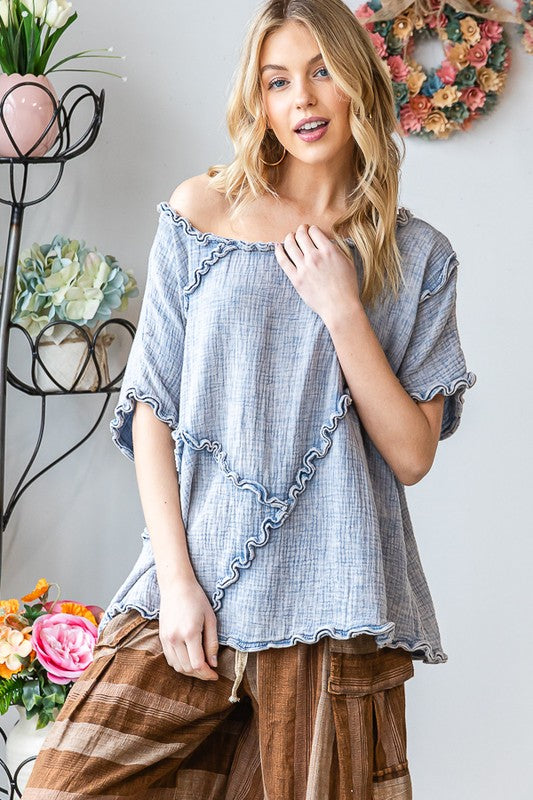WASHED DOUBLE GUAZE RUFFLED DETAIL OVERSIZED TEE