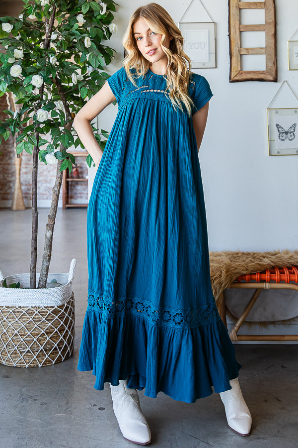CROCHET YOKE RUFFLE FLARE HEM GAUZE MAXI DRESS