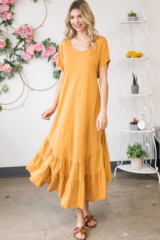 WASHED RUFFLE TIERED HEM SHORT SLEEVE MIDI DRESS
