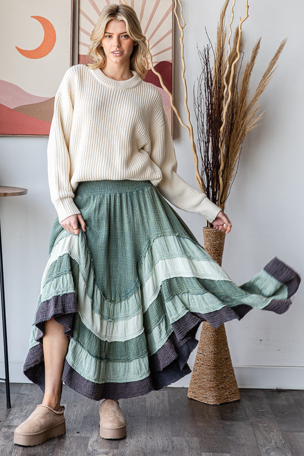WASHED TIERED SMOCKED WAIST FLARE HEM SKIRT