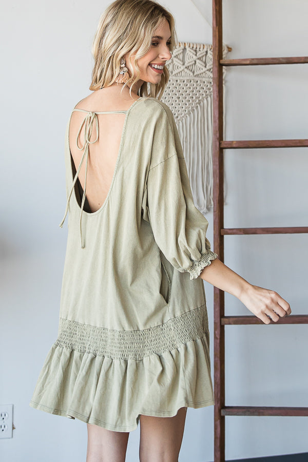 WASHED SMOCK DETAIL FLARE HEM OPEN BACK DRESS