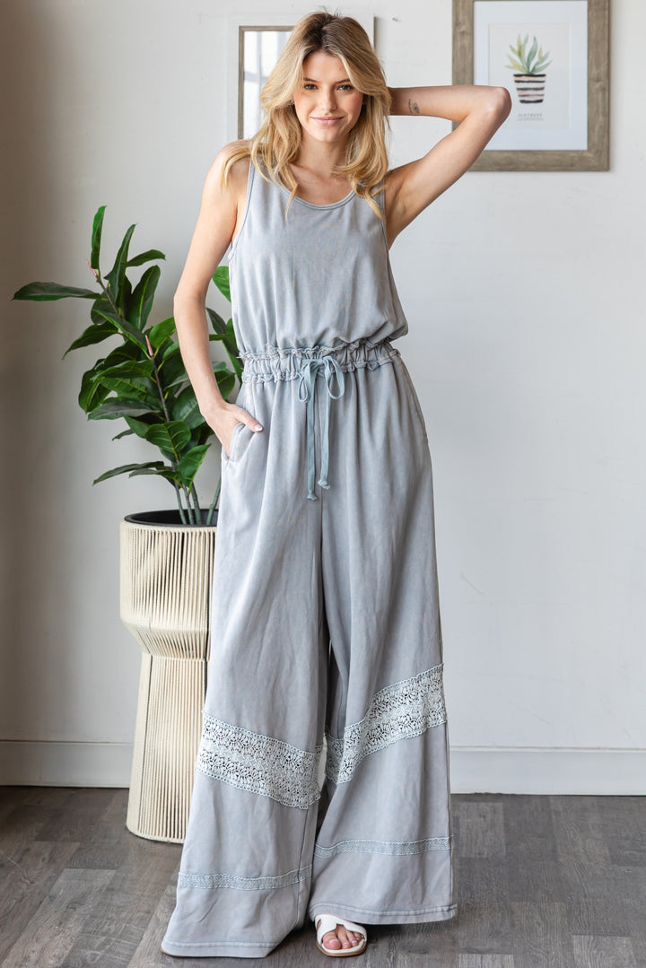 WASHED LACE DETAIL WITH WAIST STRING JUMPSUIT