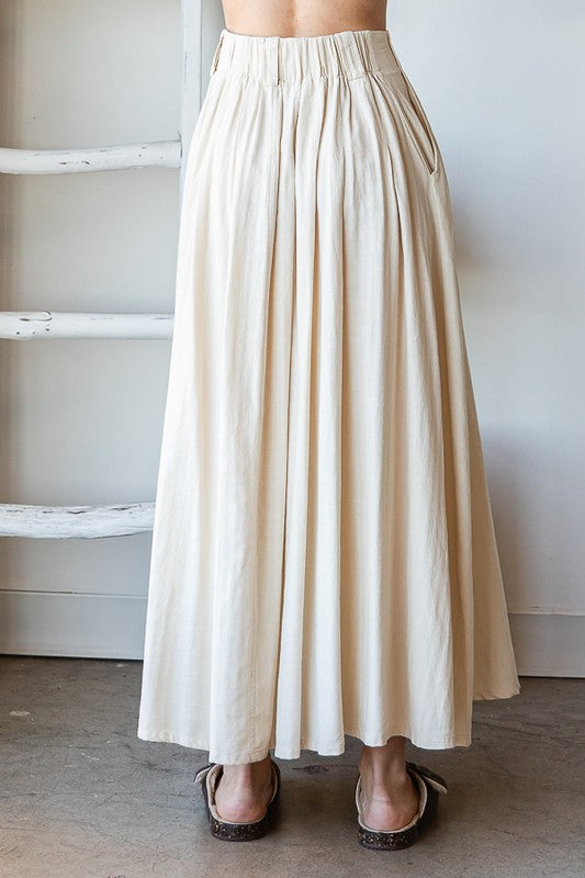 WASHED PLEATED DETAIL FLARE HEM MAXI SKIRT