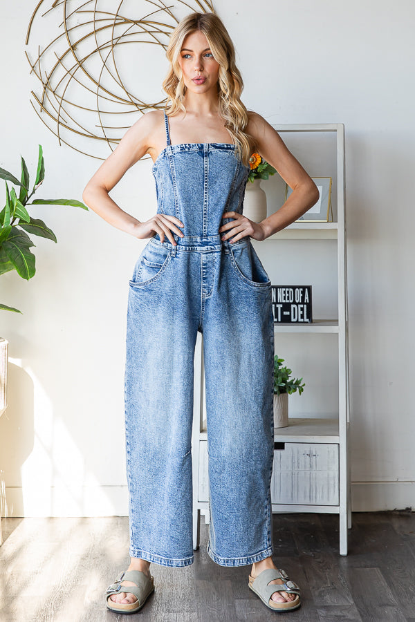 WASHED STRETCH DENIM OVERALLS