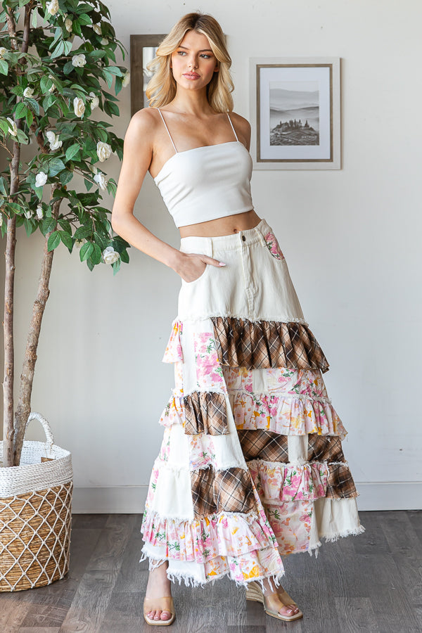 WASHED PLAID FLOWER PATCHWORK SLIT MAXI SKIRT