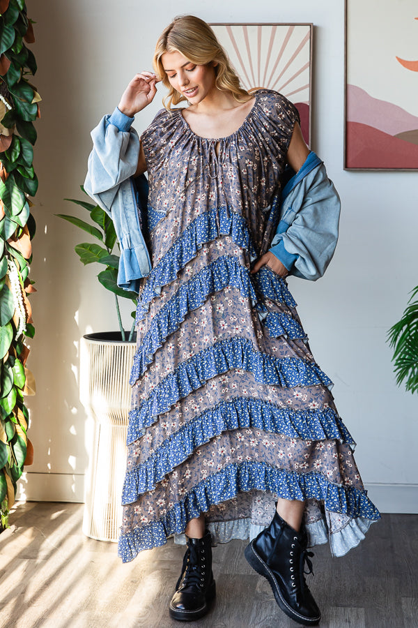 FLORAL PRINTED LAYERED RUFFLE MAXI DRESS