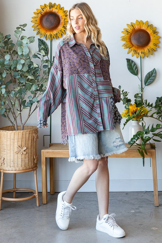 WASHED MIX MEDIA STRIPED BUTTON DOWN SHIRT