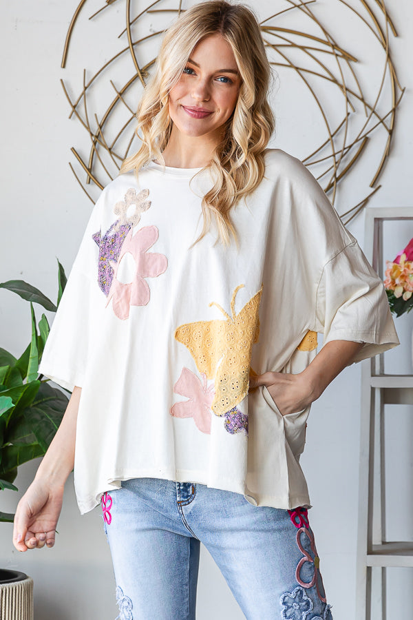 WASHED FLOWER BUTTERFLY PATCHWORK SHORT SLEEVE TOP