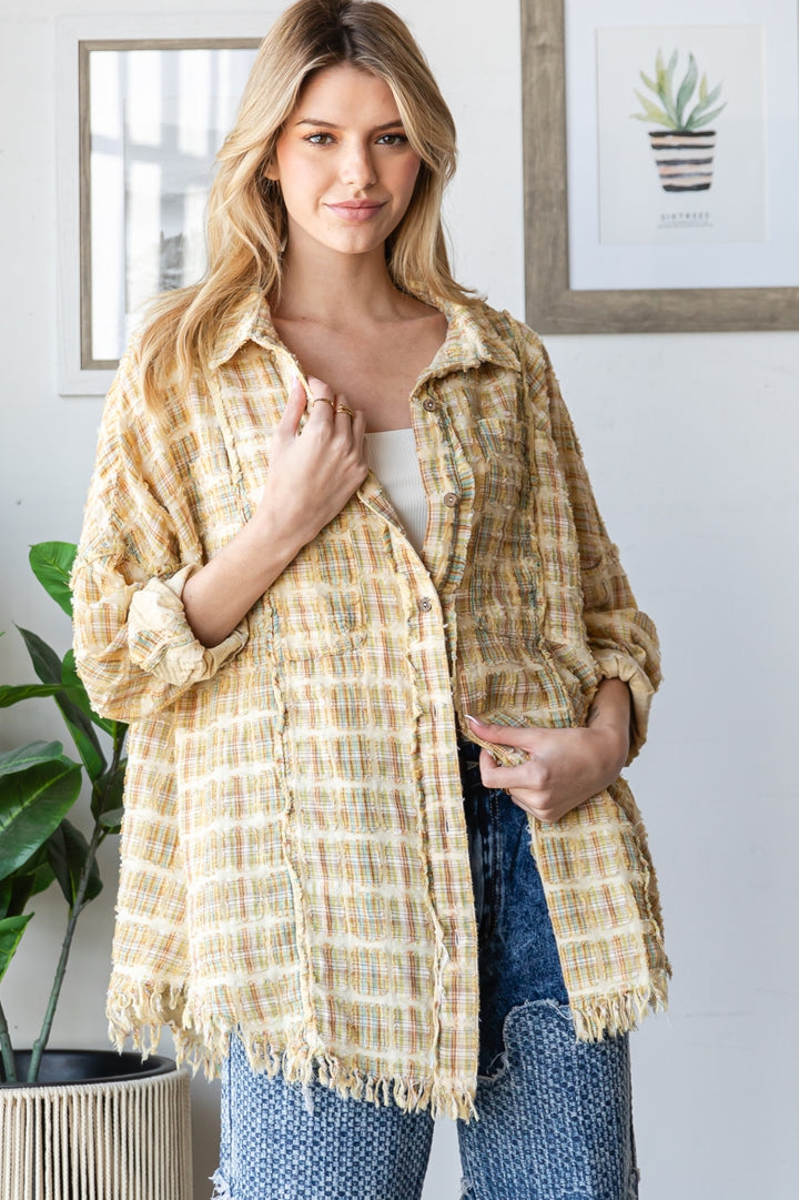 WASHED PLAID MIXED BUTTON DOWN SHIRT TOP