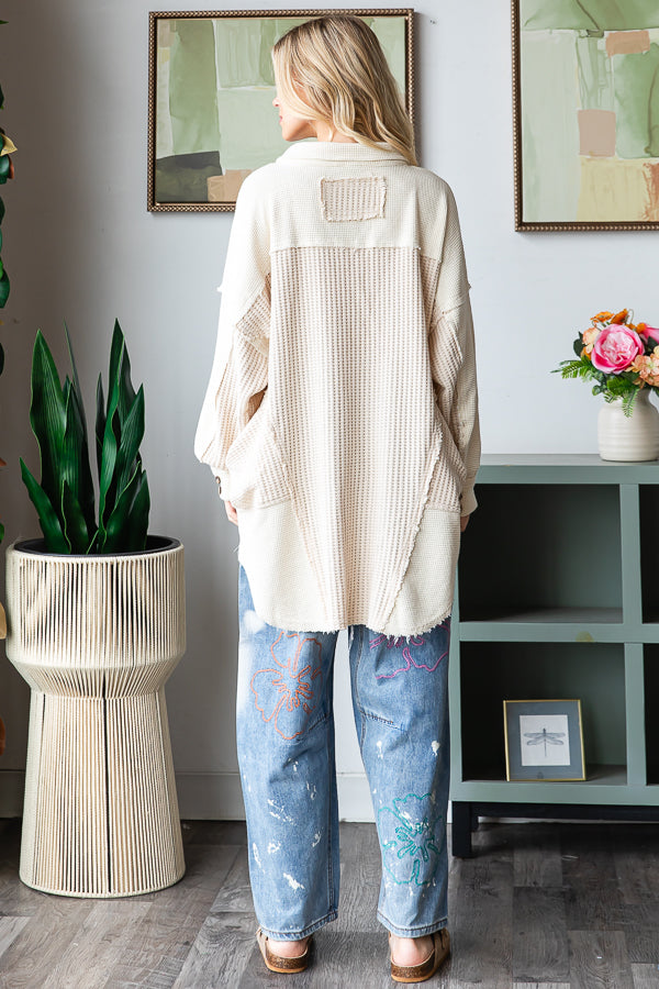 WASHED COLLARED NECK LONG SLEEVE WAFFLE TOP