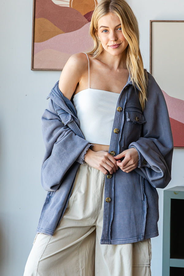 WASHED BALLOON SLEEVE BUTTON FRONT SHIRT JACKET