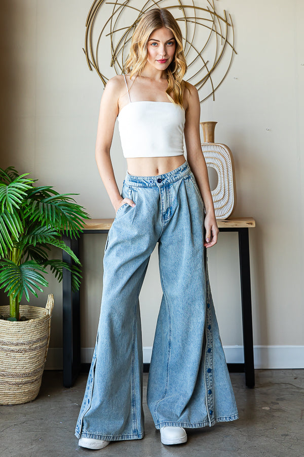 WASHED WIDE LEG FLARED PALAZZO DENIM PANTS