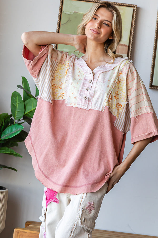 WASHED PRINTED HALF PLACKET HENLEY NECK SHIRT