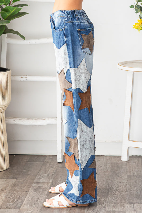 WASHED PU LEATHER STAR PATCHED JEANS