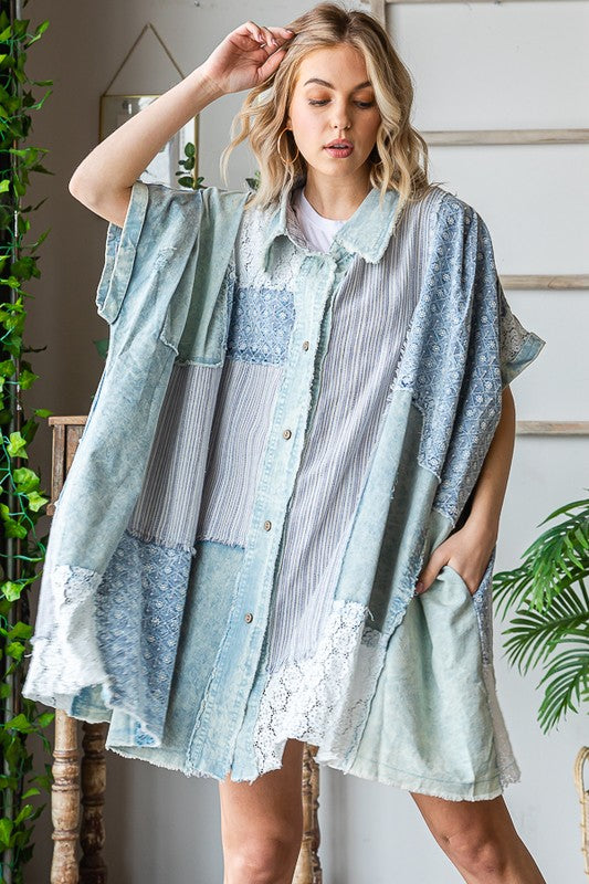 MIX MEDIA MINERAL WASHED SHORT SLEEVE SHIRT DRESS