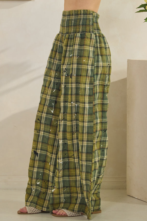 WASHED PLAID SMOCKED WAIST WIDE LEG PANTS